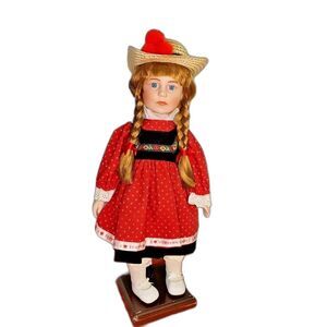 Redhead Porcelain Doll I Love Tupperware German 18" Red Dress Hat VTG Blue Eyes